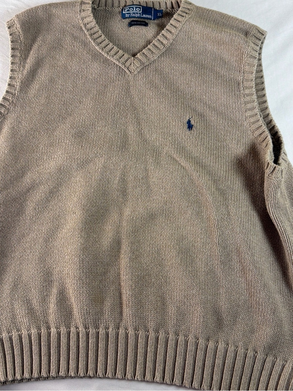 Ralph Lauren V-Neck Sweater Vest in Tan with Navy Pony
